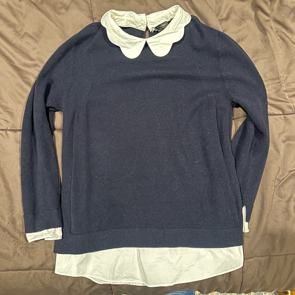 Ted Baker Bronwen Navy Ribbed Sweater with Scalloped Collar